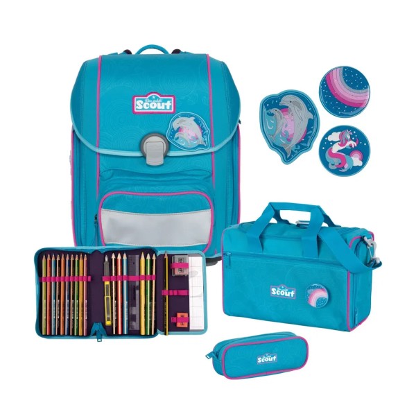 Scout Schulranzen Genius Set 4-teilig Dolphins blau pink